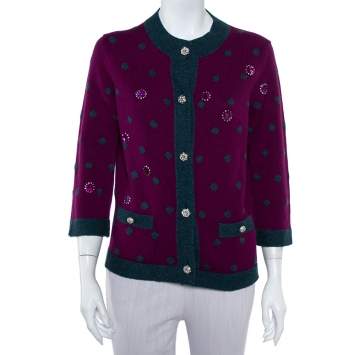 Pre Owned Chanel Purple Cashmere Polka Dot & Sequin Embellished Button Front Cardigan M