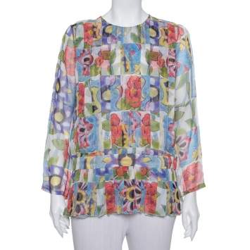 Pre Owned Chanel Multicolor Silk Pleated Detail Top L