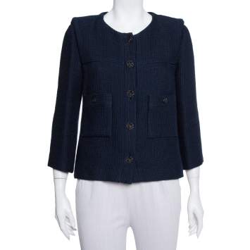 Pre Owned Chanel Navy Blue Tweed Button Front Jacket L