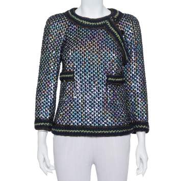 Pre Owned Chanel Black Knit Sequin Embellished Jacket M