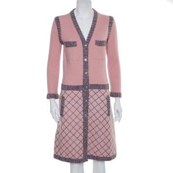 Pre Owned Chanel Pink Silk & Cashmere Button Front Midi Dress M