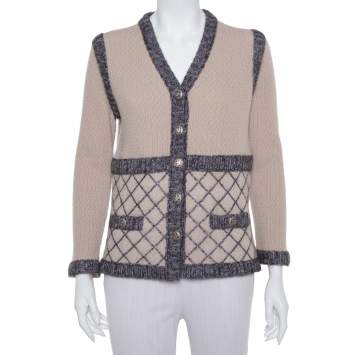 Pre Owned Chanel Beige Silk & Cashmere Contrast Trim Detail Button Front Cardigan L