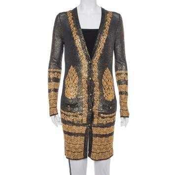 Pre Owned Chanel Black & Gold Printed Jacquard Knit Button Front Long Cardigan S
