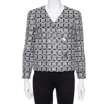 Pre Owned Chanel Black & Silver Boucle Double Breasted Jacket M