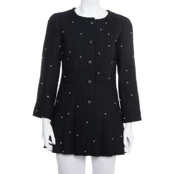 Pre Owned Chanel Black Wool Bead Embellished Pleated Detail Button Front Long Jacket M
