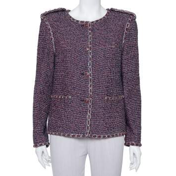 Pre Owned Chanel Red & Blue Tweed Button Front Jacket XL