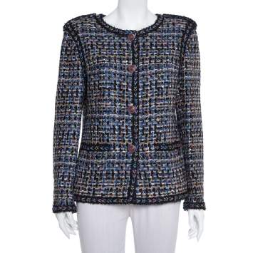 Pre Owned Chanel Blue & Black Tweed Button Front Jacket XL
