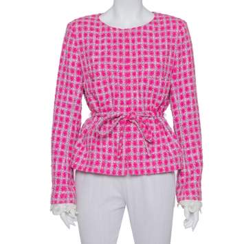 Pre Owned Chanel Pink Tweed Lace Trim Detail Belted Jacket XL 