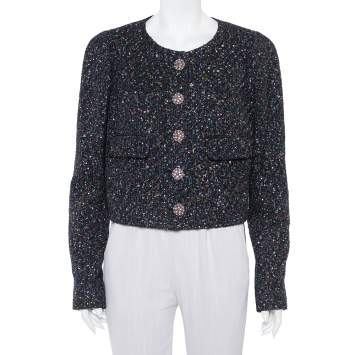 Pre Owned Chanel Black Tweed Sequin Embellished Button Front Jacket XL