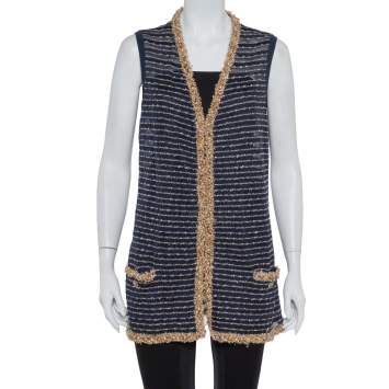 Pre Owned Chanel Navy Blue Knit Bead Embellished Hook Front Vest XL