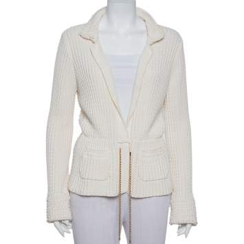 Pre Owned Chanel Cream Chunky Knit Front Tie Detail Vintage Cardigan M