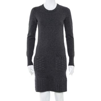Pre Owned Chanel Dark Grey Cashmere Quilted Pocket & Hem Detail Shift Dress S