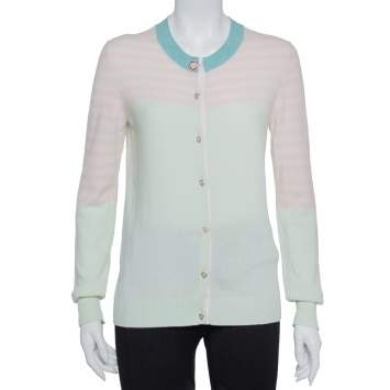 Pre Owned Chanel Green & Pink Cashmere Heart Button Detail Cardigan M