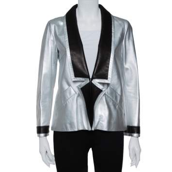 Pre Owned Chanel Silver Leather Contrast Trim Detail Jacket M