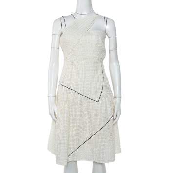 Pre Owned Chanel White Lurex Tweed Contrast Trim Detail Sleeveless Mini Dress S