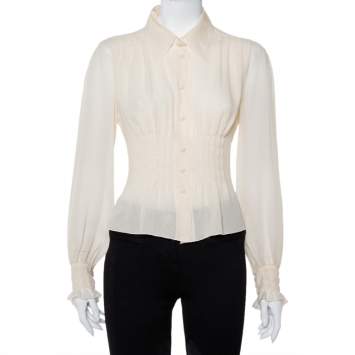 Pre Owned Chanel Cream Silk Smocked Detail Button Front Shirt S