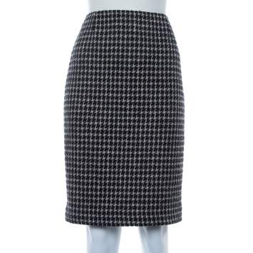 Pre Owned Chanel Black & Beige Tweed Back Button Detail Knee Length Skirt M