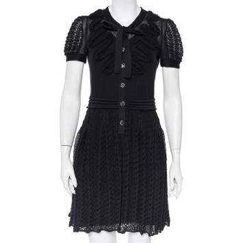 Pre Owned Chanel Black Knit Neck Tie Detail Button Front Mini Dress M