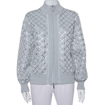 Pre Owned Chanel Grey Patterned Knit Zip Front Sweater M
