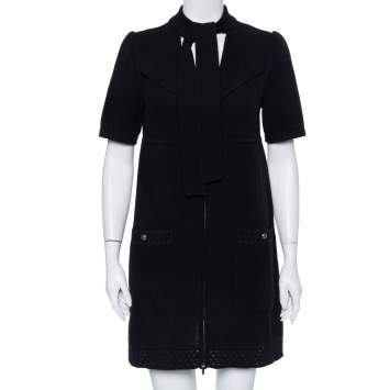 Pre Owned Chanel Black Perforated Knit Neck Tie Detail Zip Front Dress M
