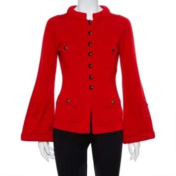 Pre Owned Chanel Red Cashmere & Wool Bell Sleeve Belted Sweater S