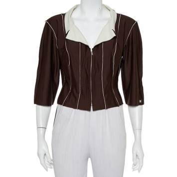 Pre Owned Chanel Brown Knit Paneled Zip Front Cropped Jacket L