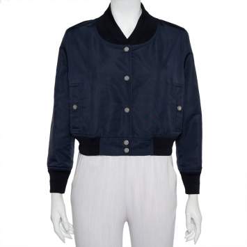Pre Owned Chanel Navy Blue Synthetic Button Front Cropped Jacket M