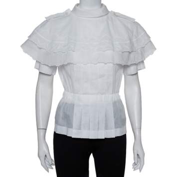 مملوكة مسبقًا Chanel White Cotton Scalloped Overlay Detail Top M