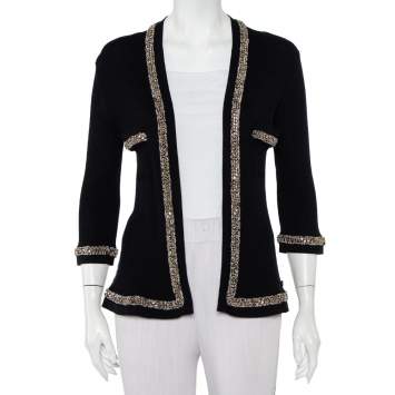 Pre Owned Chanel Black Rib Knit Chain Embellished Open Front Cardigan L