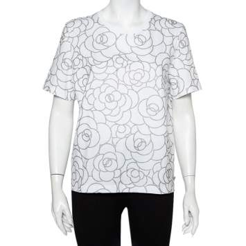 Pre Owned Chanel White Metallic Camellia Printed Cotton Crewneck T-Shirt L