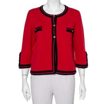 Pre Owned Chanel Red Cashmere Contrast Trim Detail Button Front Cardigan L