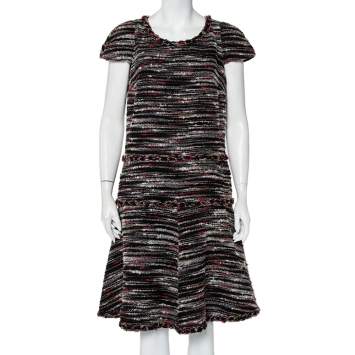 Pre Owned Chanel Black Boucle Midi Dress L