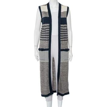 Pre Owned Chanel Striped Linen and Cashmere Knit Sleeveless Oversized Long Cardigan S