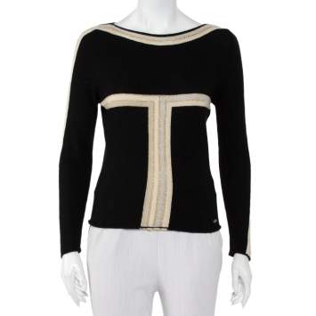 Pre Owned Chanel Black Cashmere Contrast Detail Boat Neck Sweater M