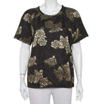Pre Owned Chanel Black & Gold Floral Stretch Jersey Crewneck Top L