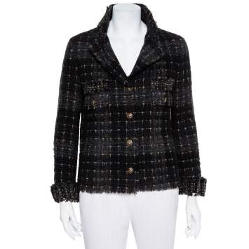 Pre Owned Chanel Black Lurex Tweed Button Front Jacket M