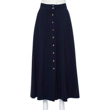 Pre Owned Chanel Boutique Navy Blue Wool Button Front Detail Midi Skirt L