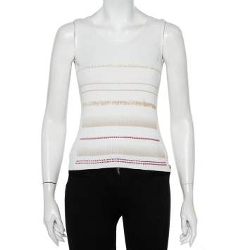 Pre Owned Chanel White Printed Rib Knit Tank Top L