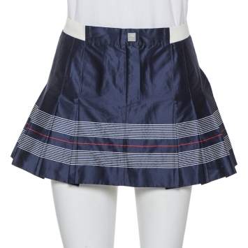 Pre Owned Chanel Navy Blue Cotton & Silk Striped Detail Pleated Tennis Skirt S  