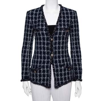 Pre Owned Chanel Navy Blue Tweed Star Embellished Button Front Jacket S