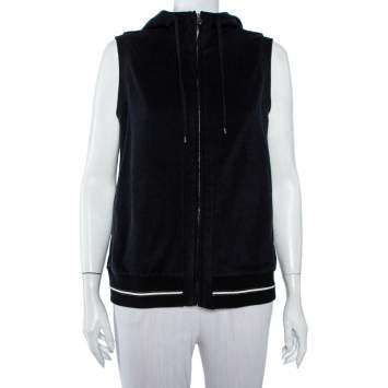 Pre Owned Chanel Black Velour Zip Front Sleeveless Hooded Sweatshirt L