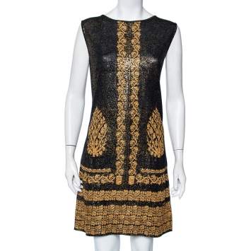 Pre Owned Chanel Black & Gold Printed Jacquard Knit Sleeveless Shift Dress L