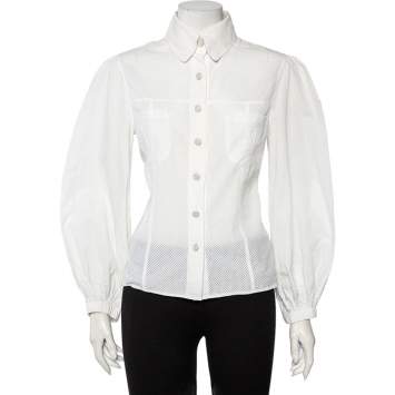 Pre Owned Chanel White Perforated Cotton Button Front Shirt L