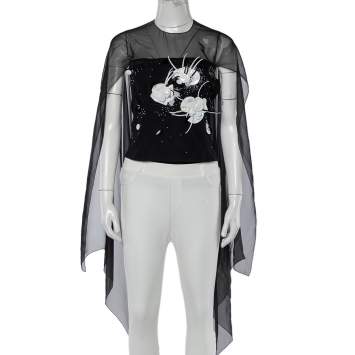 Pre Owned Chanel Vintage Black Embellished Tulle & Silk Overlay Top M