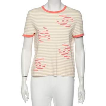 Pre Owned Chanel Beige Striped Logo Intarsia Round Neck T-shirt M