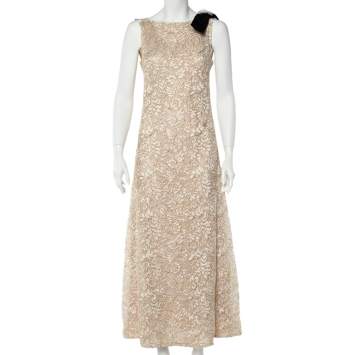Pre Owned Chanel Cream Lurex Floral Lace Brooch Detail Maxi Dress M