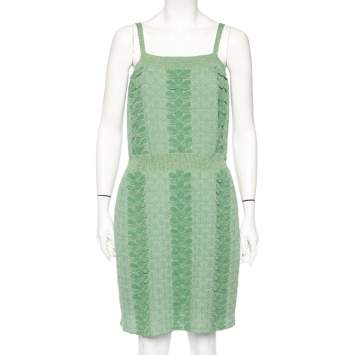 Pre Owned Chanel Green Patterned Lurex Knit Ribbed Trim Short Dress M 