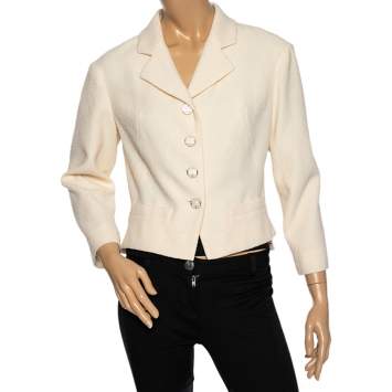 Pre Owned Chanel Cream Wool Single Breasted Cropped Blazer L