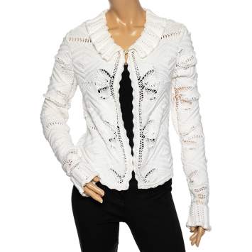 Pre Owned Chanel White Crochet Knit Buttoned Neck Detail Long Sleeve Cardigan M