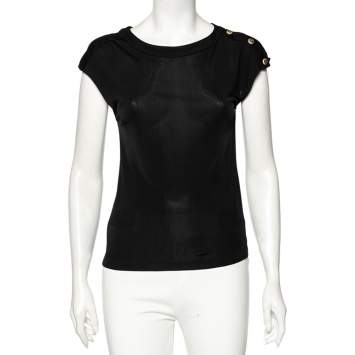 Pre Owned Chanel Black Jersey Buttoned Shoulder Detail Round Neck Top S